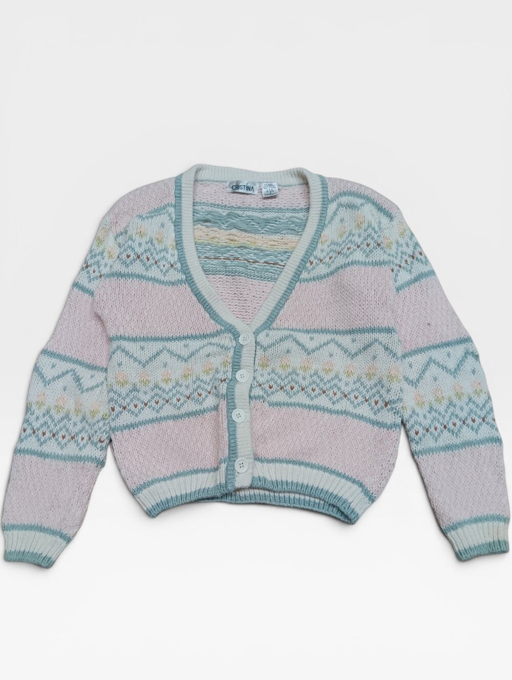 80s Cristina Pastel Patterned Cardigan Sweater - Stranger Things Style Size S